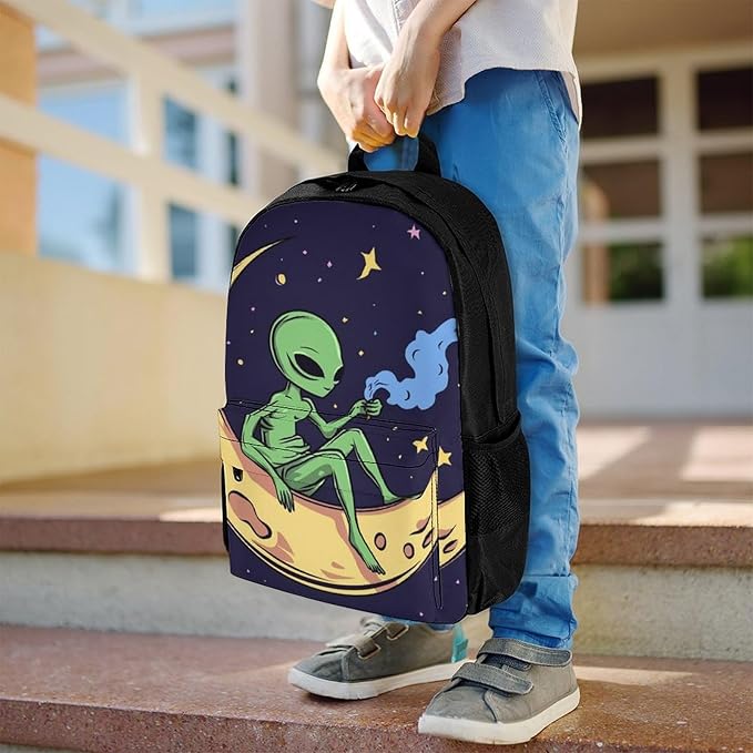 Supdreamc Polyester Daypack Backpack for Sports Travel Running, Big Capacity Anti-Theft Multipurpose Carry On Bag, Funny Alien Moon Sky Laptop Book Bag Rucksack