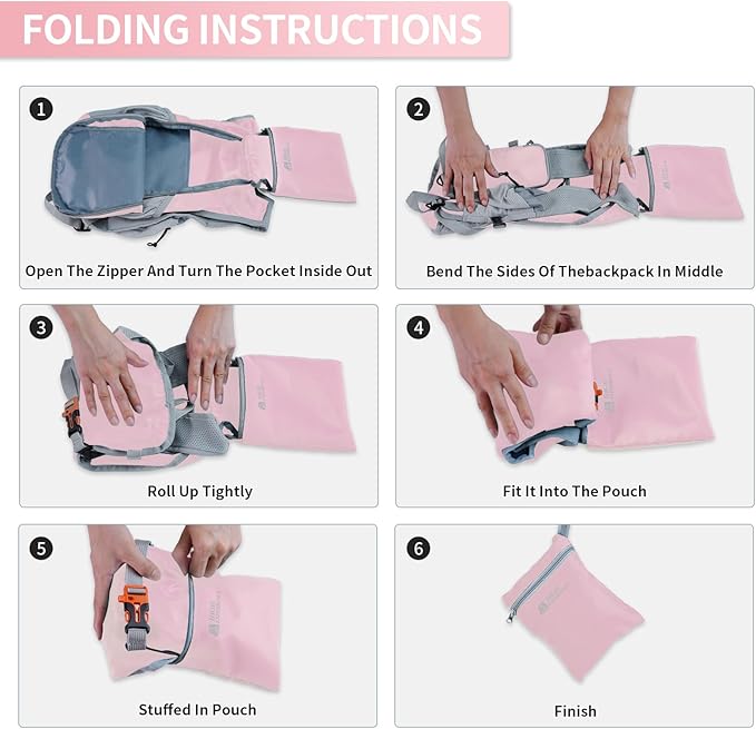 Hiking Backpack 10L/15L Small Daypack Lightweight Packable Travel Foldable Water Resistan for Women Men (Pink, 15L)