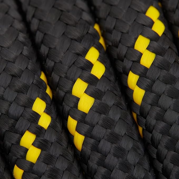 Diamond Braided Rope - 1/2 in x 100 ft, Black & Yellow - Polyester Heavy Duty Rope for Camping, Outdoor Gear & Emergency Tent Setup