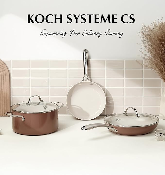 KOCH SYSTEME CS 10 Inch Nonstick Frying Pan with Lid, Ceramic Non Stick Frying Pans, Non Toxic Pans for Cooking, Induction Compatible Skillet, Free of PFOA & PTFE, Dishwasher & Oven Safe, Brown