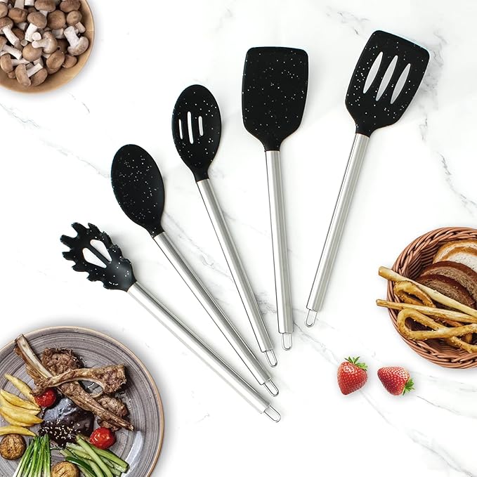 COOK WITH COLOR Silicone Cooking Utensils, Kitchen Utensil Set, Easy to Clean Silicone Kitchen Utensils, Cooking Utensils for Nonstick Cookware, Kitchen Gadgets Set, 5 Pieces, Speckled Black