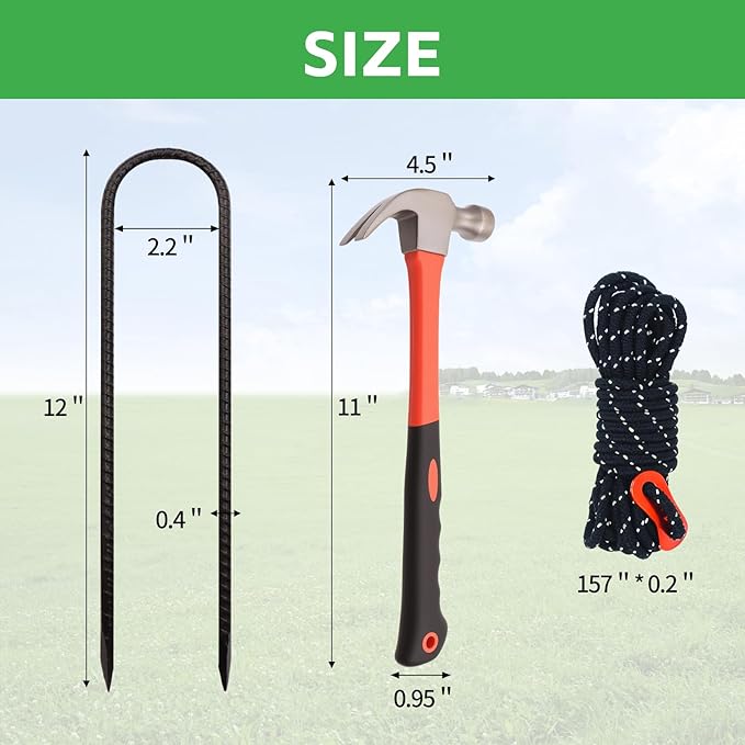 8 Pack 12 Inch Trampoline Stakes Set - Trampoline Anchors with Hammer and 2 Windproof Rope, Tent Wind Stakes - Galvanized Steel Anchors for Swing, Camping Tents, Soccer Goals, Black