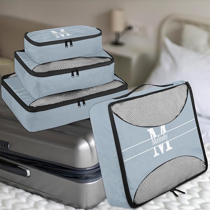 Personalized Name 4 Set Packing Cubes Luggage Packing Organizers Travel Accessories for Women Girls, Light Steel Blue with Initial Letter