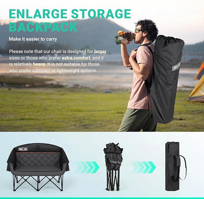 Overmont Oversized Double Camping Chair - 2 Person Comfort Couch Chair Loveseat for Adults - Heavy Duty Lawn Chairs with Cooling Bag&Wine Racks - Support 850LBS Black