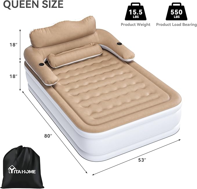 YITAHOME FullXL Size Air Mattress with Headboard and Pump, 18in Blow Up Mattress with Carry Bag, Repair Kit, and Nozzles for Home, Camping, and Travel, Brown