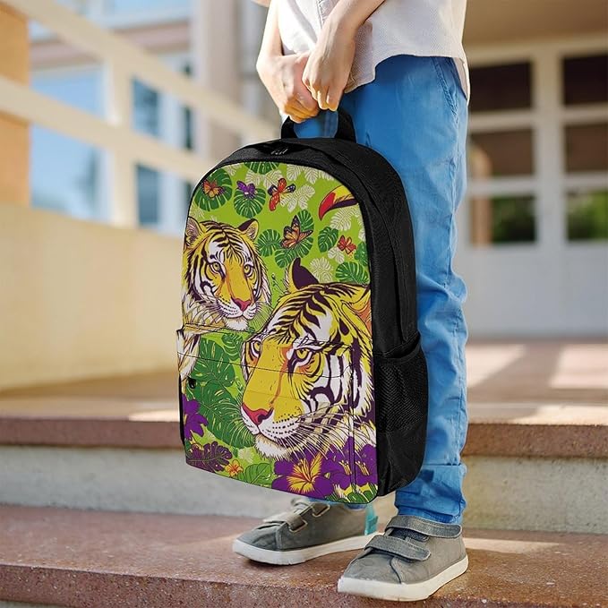 Supdreamc Backpack Lightweight Anti-Theft Multipurpose Tropical Floral Wild Animals Tigers Parrot Green Shoulder Bag Large Capacity Travel Hiking Backpack With Padded Straps
