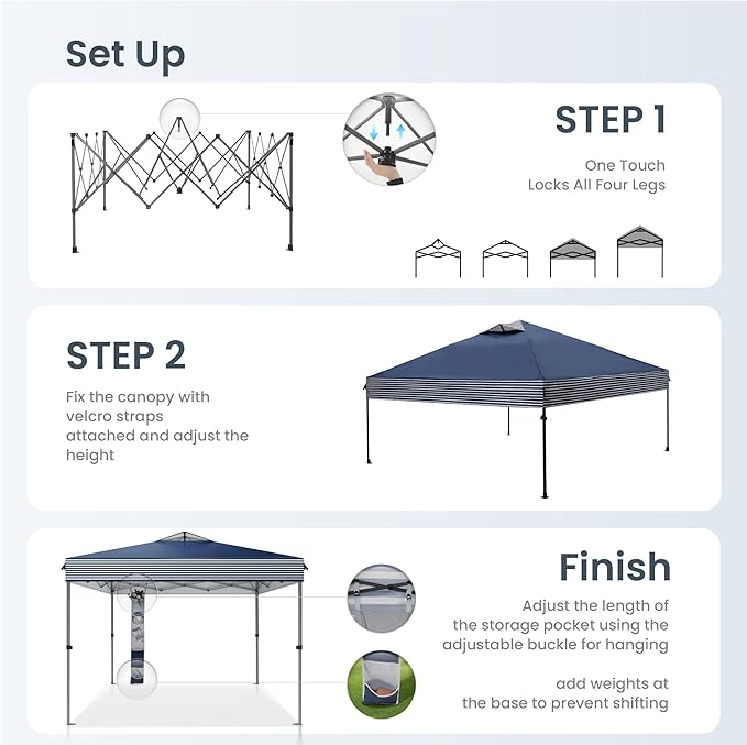 PHI VILLA 10’x10’ Pop Up Canopy Tent - One Push Setup, Instant Shade Tent with Vented Roof for Beach & Events - Includes Storage Bag, Sandbags, Stakes & Ropes (Navy Stripe)
