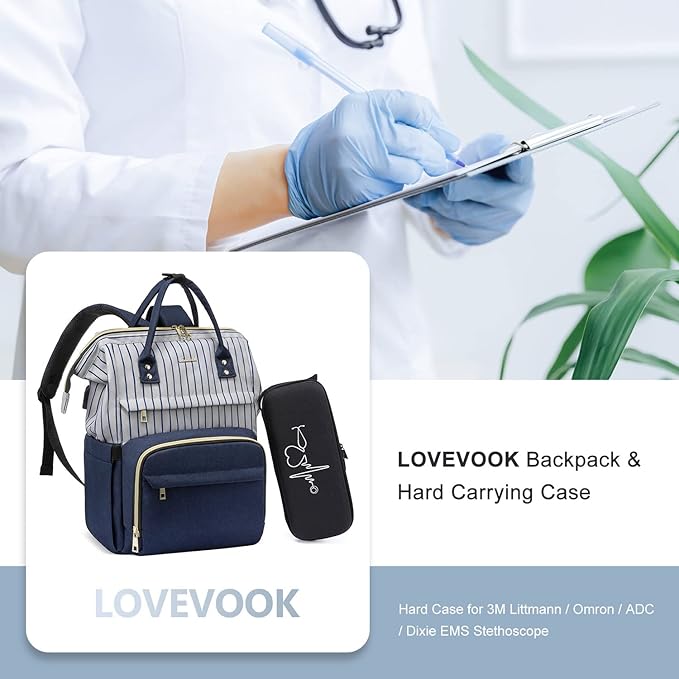 LOVEVOOK Nurse Backpack Laptop Backpack for Women with Stethoscope Case & USB Charging Port Anti Theft Travel Backpacks Doctor Bag Fits 15.6 Inch Laptop and Notebook, Blue Stripes