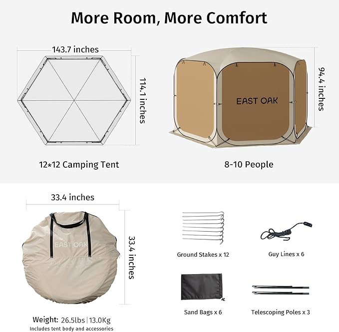 EAST OAK 10×10 FT Pop Up Canopy Tent with Mesh Walls | Outdoor Screen House with 6 Sunshades | Waterproof Gazebo with Carry Bag | Portable Shelter for Camping, Patio, and Beach | Beige