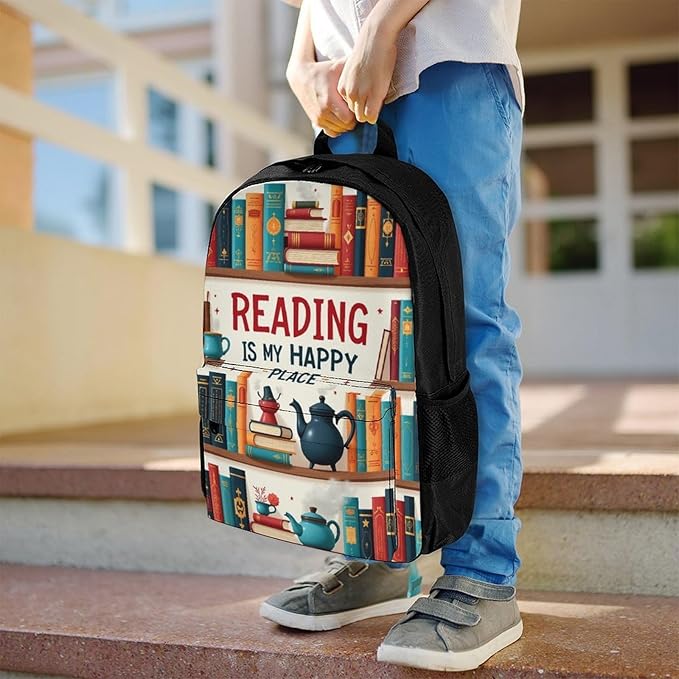 Supdreamc Men Women Lightweight Reading Is My Happy Place Book Lovers Casual Daypack Big Capacity Bookbag With Padded Straps for Gym Travel Walking Cycling