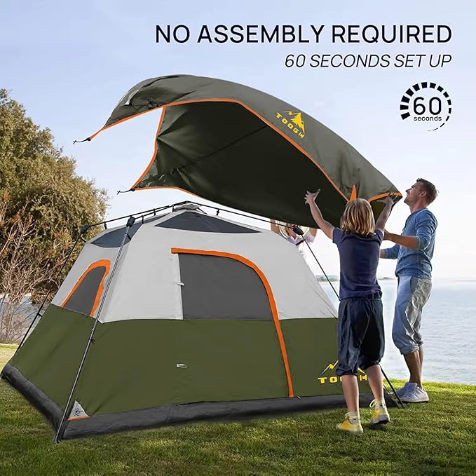 3/4 Person Camping Tent with 1 Door, 4 Windows, and Upgraded Ventilation– Instant Setup, Waterproof, 8'x 8'x 67''Oxford Fabric Floor Pop Up in 60 Seconds Includes Rainfly and Backpack