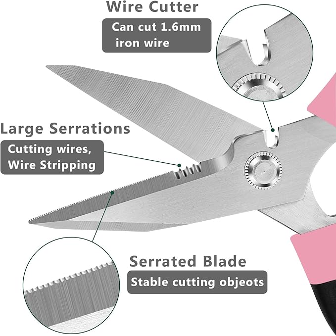 Heavy Duty Scissors Multipurpose - Sharp Utility Scissors All Purpose, Easy Cutting Carpet, Cardboard, Wires, Leather, Fabric(8'' Pink)