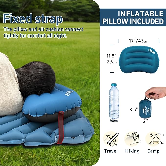 Ultralight Sleeping Pad Camping Inflatable Pillow for Camping Combo, Compact Backpacking Inflatable Sleeping Pad for Adults- Portable for Hiking, Travel - Durable & Comfortable