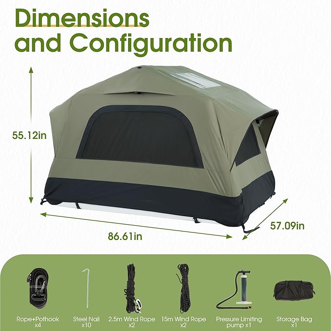 HOMEFUN Inflatable Rooftop Tent for Car Truck, 2 Person Roof Tent with Waterproof 300D Fabric, Windproof Design for Overlanding and Outdoor Adventure,Easy to Set Up