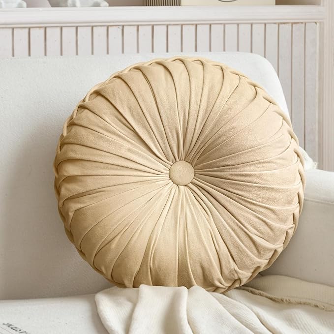 Round Throw Pillow Velvet Home Decoration Pleated Round Pillow Cushion for Couch Chair Bed Car (Apricot)