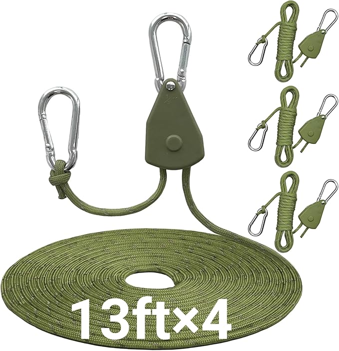 13ft Adjustable Outdoor Windproof Rope Ratchet Strap Tie Down Straps Small Mini Reflctive Paracord Rope Tent Hanger Grow Light Kayak 5/32" 4 Pack