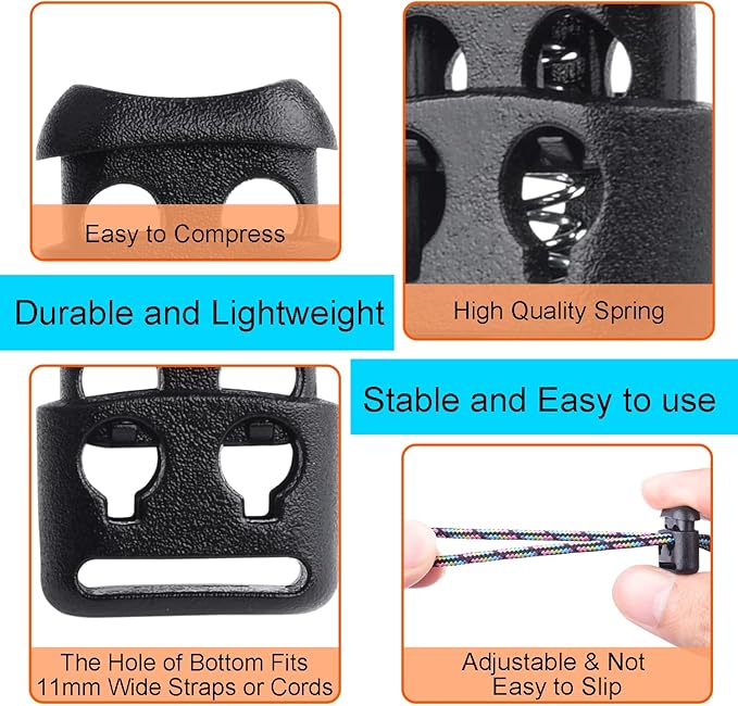 20 PCS Plastic Cord Locks for Paracord Drawstring Clip, Double Hole Spring Toggle Cord Stopper Sweatpant Hat Gloves Backpack Hoodie String Lock Elastic Shoelace Lock Fastener