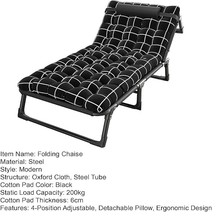 Cots for Sleeping with Mattress, Sleep Cots for Adults, Adjustable 4-Fold Guest Bed, Folding Camping Bed, Outdoor Lounge Chair, Sleeping Cots for Sunbathing, Camping, Pool, Beach, Patio Black