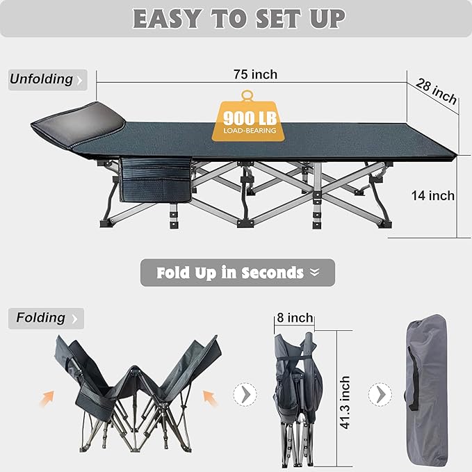 ABORON Folding Camping Cot W/Mat for Adults, Heavy Duty Outdoor Bed with Carry Bag,1200 D Layer Oxford Travel Camp Cots