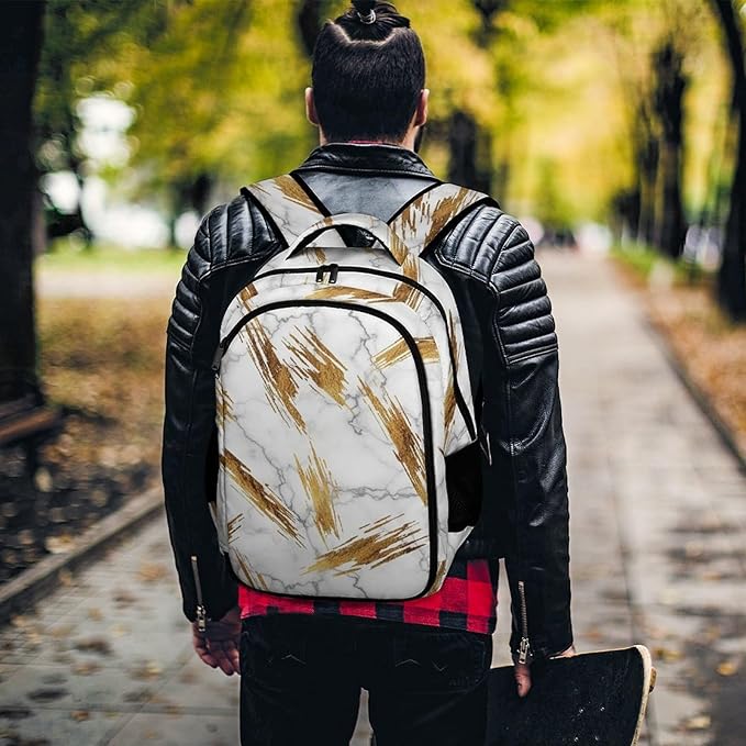Water Resistant College Bookbag Gold Marble Texture White, Sturdy Laptop Backpack with Water Bottle Pockets for Men Women Travel Work