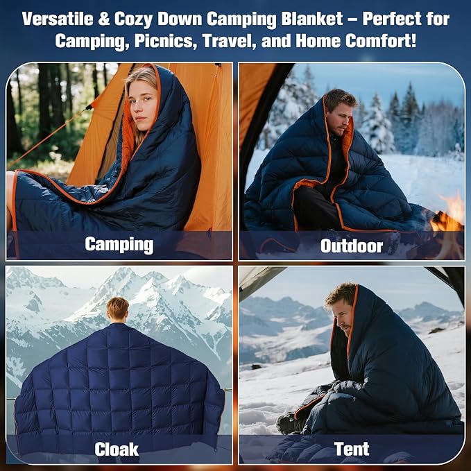 Down Camping Blanket - Navy Blue, 1lb 6oz / 77 * 52'' Lightweight Packable Warm Puffy Travel Quilt with Footbox, 650 Fill Power Waterproof Outdoor Blankets for Hiking, Travel Down Quilt