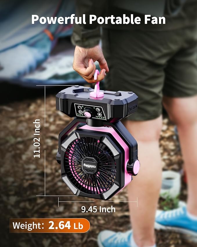 coldSky ๐ฎ๐ฌ๐ฌ๐ฌ๐ฌ๐บ๐๐ต Camping Fan with Dual Motor, Battery Operated Fan with 4 LED Lantern, 8 Speeds Desk Fan with Remote, Portable Outdoor Fan with Hook for Tent, Power Outages, Jobsite (Pink)