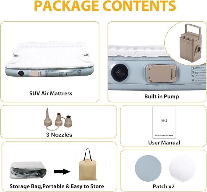 KMZ Portable SUV Air Mattress - Built-in Electric Pump for Fast Inflation - Soft Flocked Surface Car Bed - Ideal for Road Trips & Outdoor Camping - Grey