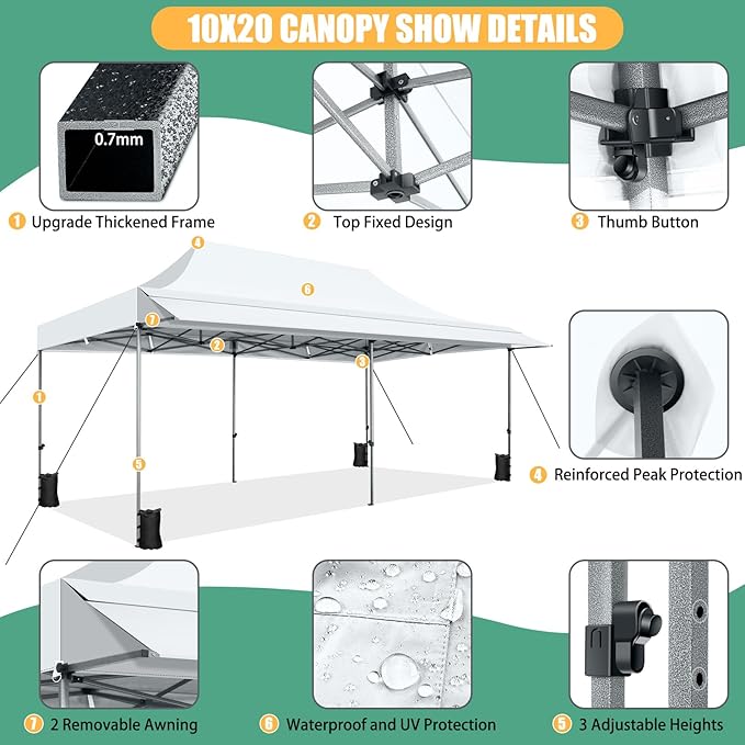 COBIZI 10x20 Pop Up Canopy Tent with Awning,Heavy Duty Canopy UPF 50+ All Season Wind Waterproof Commercial Outdoor Street Vendors Party Tents for Parties Canopy with Roller Bag(10 x 20 ft White)