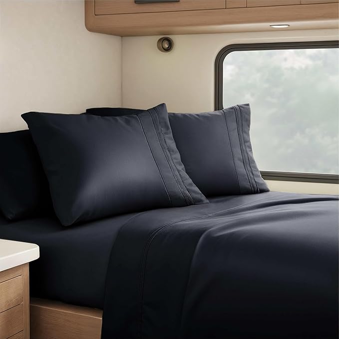 Hearth & Harbor Short Queen Sheets for RV, Black RV Queen Sheets, Silky Soft 1800 Microfiber Bed Sheet for Camper, 4 Piece RV Bedding with Pillowcases