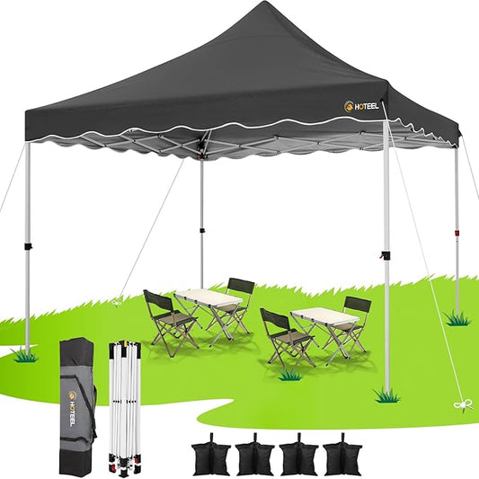 HOTEEL 10x10 Pop Up Canopy, Easy Setup Party Tent with Carry Bag, Weight Bag, Outdoor Portable Event Shelter for Backyard, Market, Black