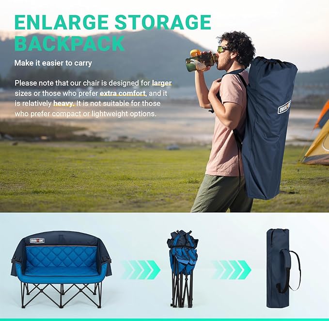 Overmont Oversized Double Camping Chair - 2 Person Comfort Couch Chair Loveseat for Adults - Heavy Duty Lawn Chairs with Cooling Bag&Wine Racks - Support 850LBS Blue