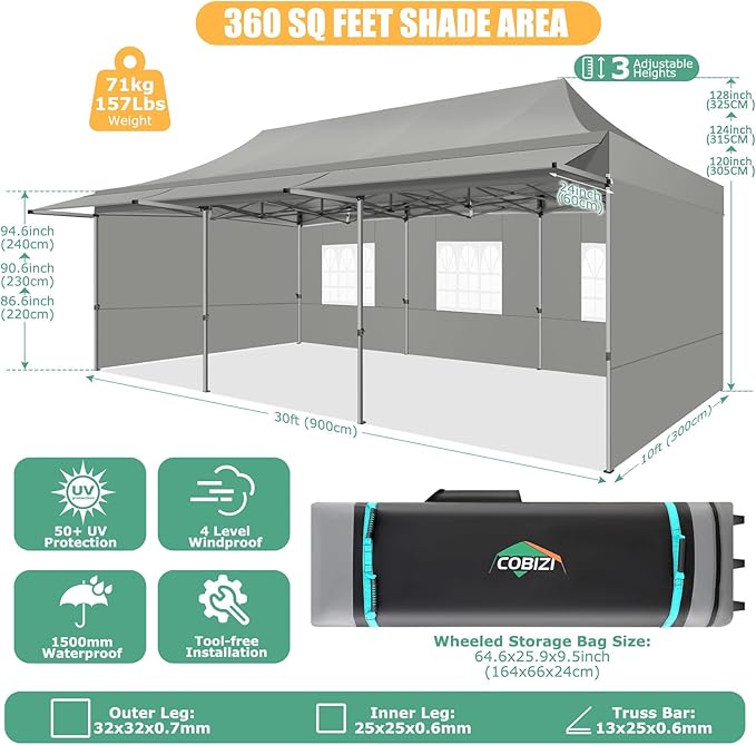 COBIZI 10x30 Pop Up Canopy Tent with Awning,Heavy Duty Canopy UPF 50+ All Season Wind Waterproof Commercial Outdoor Street Vendors Party Tents for Parties Canopy with Roller Bag(10 x 30 ft Gray)