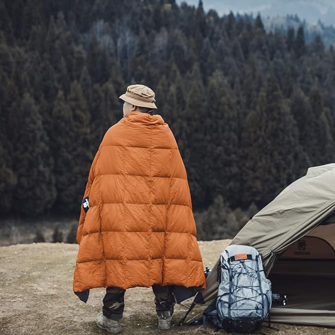 ONETIGRIS Down Camping Blanket for Cold Weather Packable Puffy Backpacking Lightweight Quilt Hiking Gardening Travel Beach Picnic (Orange)