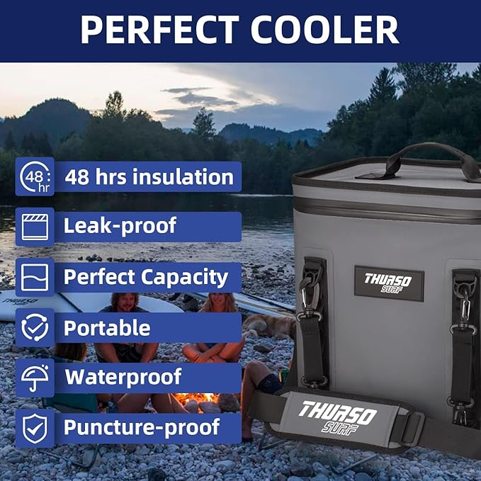 THURSO SURF Soft Cooler 24 Can Portable Ice Cooler Bag — 48 hr Insulation Leakproof & Airtight Waterproof Zipper Floating Beach Cooler for Travel Camping Kayak Paddleboard