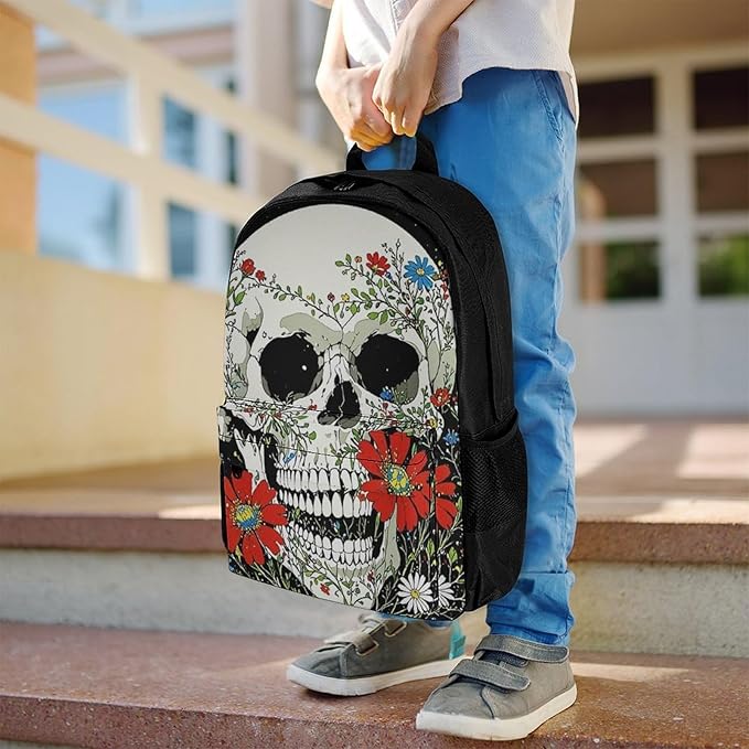 Supdreamc Adults Lightweight Psychedelic Skull Skeleton Floral Art Rucksacks Large Capacity Bookbag With Adjustable Shoulder Straps for Trekking Outdoors Bicycle
