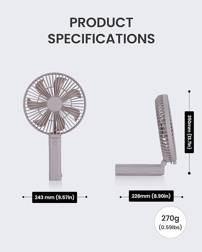Claymore Handy A (Gray) Portable Handheld Fan – BLDC Motor Foldable, 4,900mAh Rechargeable, USB-C Charging, 3 Speed Settings Function Personal Fan for Travel, Outdoor & Indoor Use.