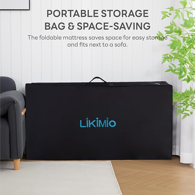 LIKIMIO Folding Mattress Queen, High Density Foam Mattress with Breathable and Washable Cover & Storage Bag, 4 Inch Foldable Mat Topper for Camping, RV and Yoga, Handle Design, Gray