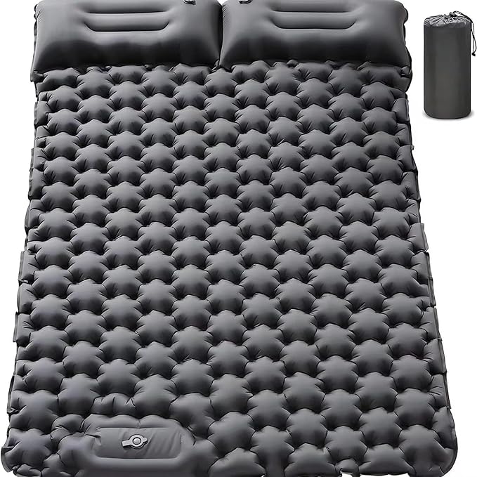 Inflatable Double Camping Mat with Pillow, Build-in Foot Pump Ultralight Sleeping Air Pad for 2 Person, Portable Sleeping Bed Compact for Camping Hiking Backpacking Outdoor (Blue, Double)