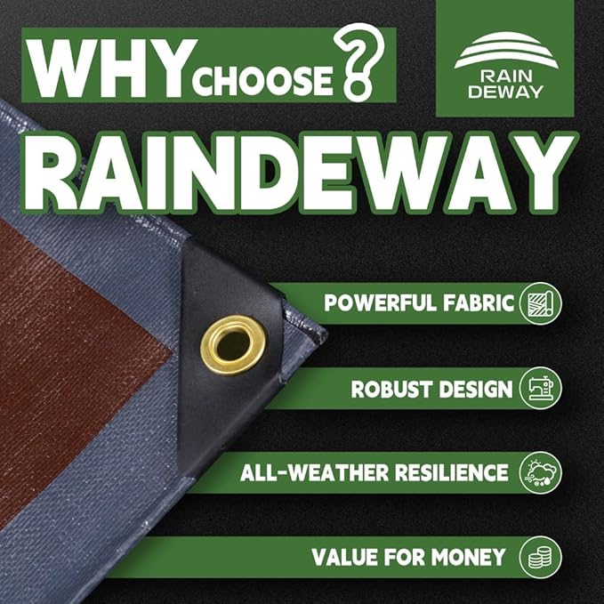 RAINDEWAY 20x30 Feet Super Heavy Duty Tarp 18 Mil, UV Resistant, Weatherproof, Multipurpose Waterproof Poly Tarp with Grommets and Reinforced Edges, Brown/Gray Tarps