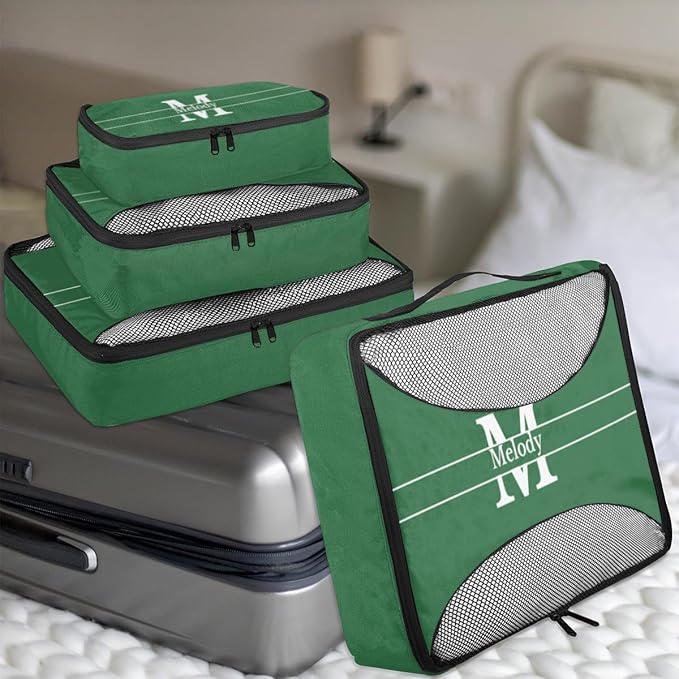 Custom Name Compression Packing Cubes Luggage Organizer Bags for Travel, Forest Green with Initial Letter Double Zipper Packing Cubes for Suitcases for Men Boys