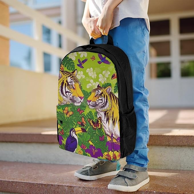 Supdreamc Backpack Polyester Multipurpose Anti-Theft Tropical Floral Wild Animals Tigers Parrot Green Shoulder Bag Big Capacity Gym Outdoor Hiking Backpack With Padded Straps