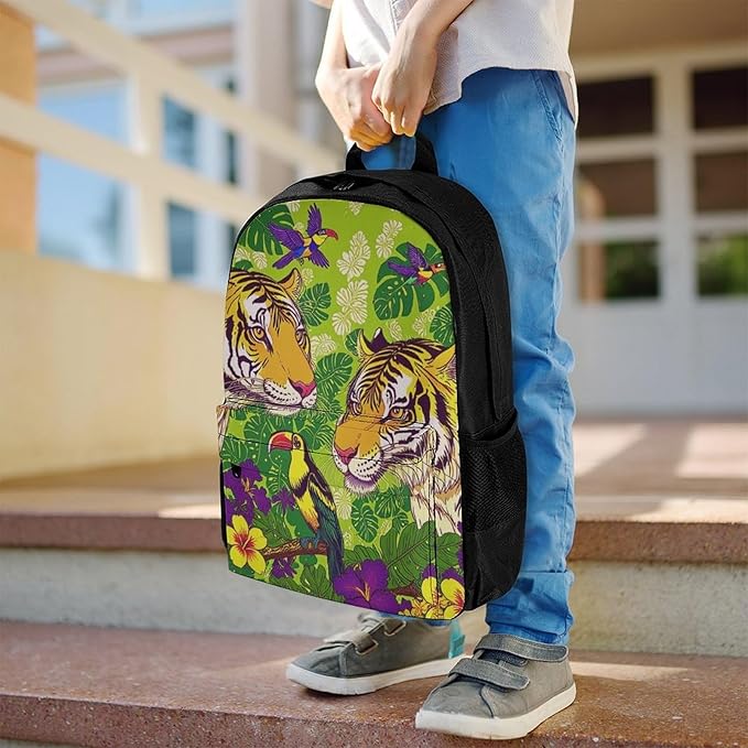 Supdreamc Daypack Backpack Polyester Anti-Theft Multipurpose Tropical Floral Wild Animals Tigers Parrot Green Bookbag Big Capacity Travel Hiking Camping Rucksack With Smooth Zippers