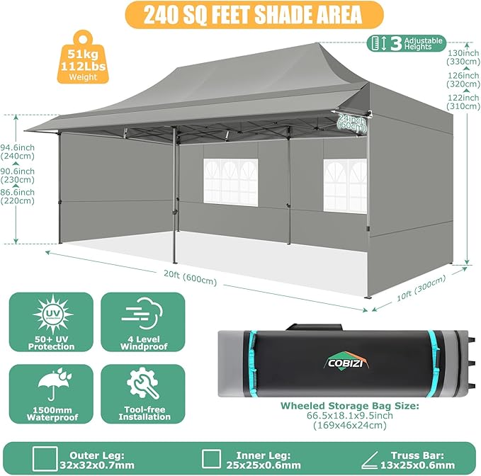 COBIZI 10x20 Pop Up Canopy Tent with Awning,Heavy Duty Canopy UPF 50+ All Season Wind Waterproof Commercial Outdoor Street Vendors Party Tents for Parties Canopy with Roller Bag(10 x 20 ft Gray)