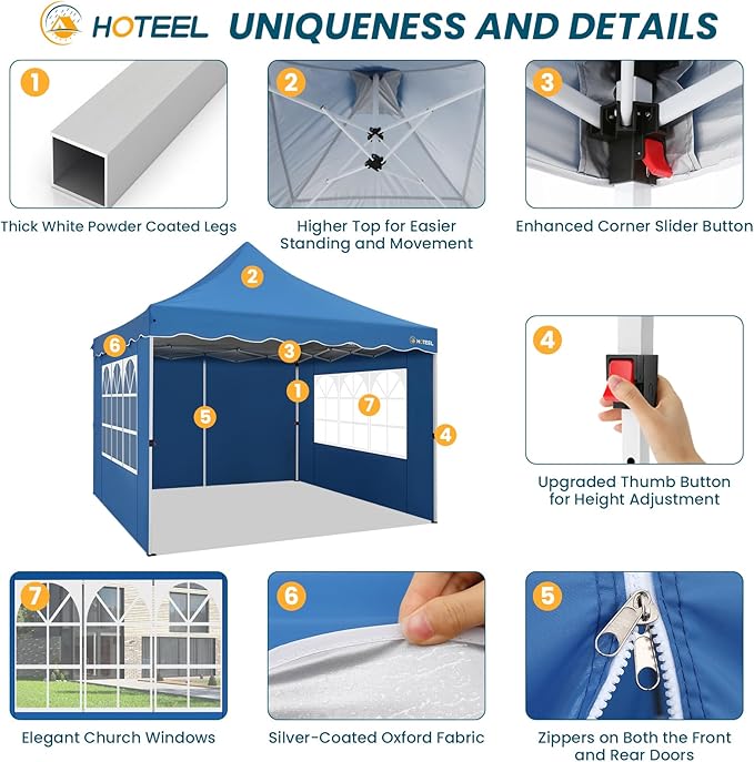HOTEEL Canopy Tent 10x10 Pop Up Canopy with 4 Removable Sidewalls, Sandbags, Stakes & Ropes, UPF 50+ Easy Setup Canopy Tent Waterproof Outdoor Instant Portable Shelter for Party, Events, Vendor, Blue