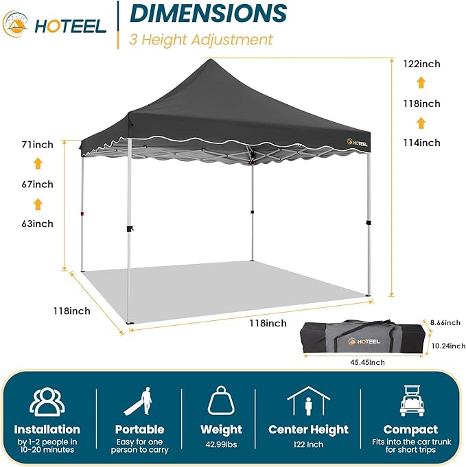 HOTEEL 10x10 Pop Up Canopy, Easy Setup Party Tent with Carry Bag, Weight Bag, Outdoor Portable Event Shelter for Backyard, Market, Black