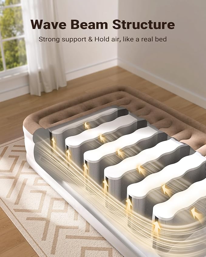 iDOO Full Size Air Mattress with Built in Pump, Inflatable Blow Up Mattress for Home, Guests & Camping, Upgraded Wave Beam Support, Flocked Top & Fast Inflation, Portable Air Bed, Brown