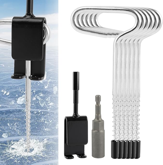 8pcs/Set Drill Adapter Kit with Tent Stakes, Ice Anchor Drill Adapter with 6 Ice Fishing Tent Stakes for Ice Insert Sewing, Ice Shanty Anchors for Setting Up Ice Fishing Shelter Tent