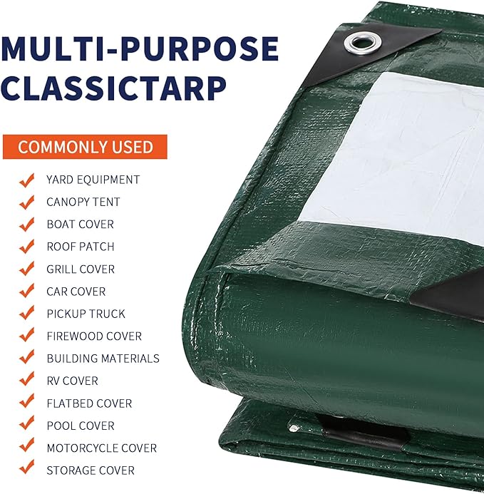 Medium Duty Waterproof 5 Mil. Reversible (Hunter Green/White) Tarp Cover, UV Resistant, Rip and Tear Proof Tarpaulin with Reinforced Edges - for Roof, Camping, Patio, Pool Cover, Boat (20'X30')