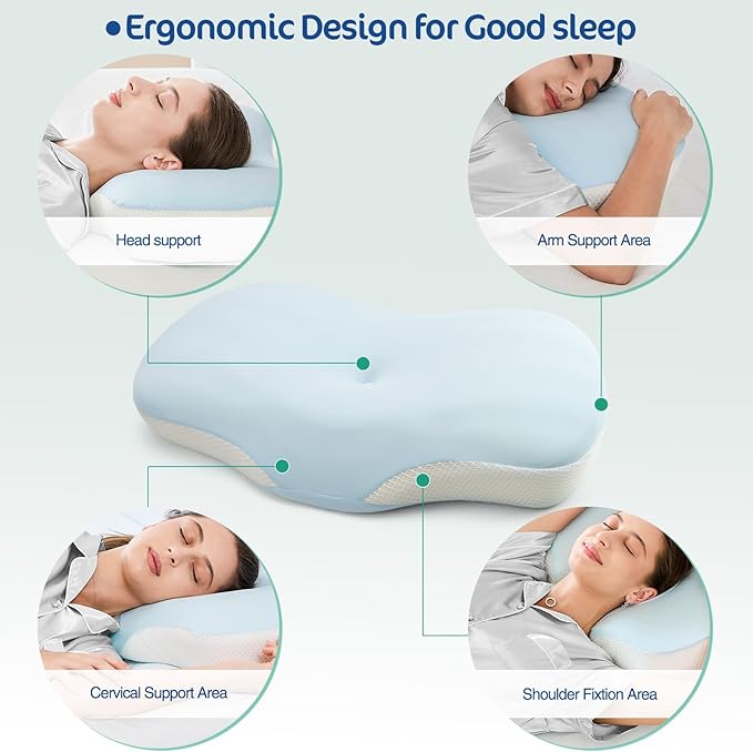 Ergonomic Cervical Pillow, Contour Design for Side & Back Sleepers, Memory Foam Orthopedic Cervical Shape Gently Cradles Head & Provides Neck Support & Shoulder Pain Relief (Blue)