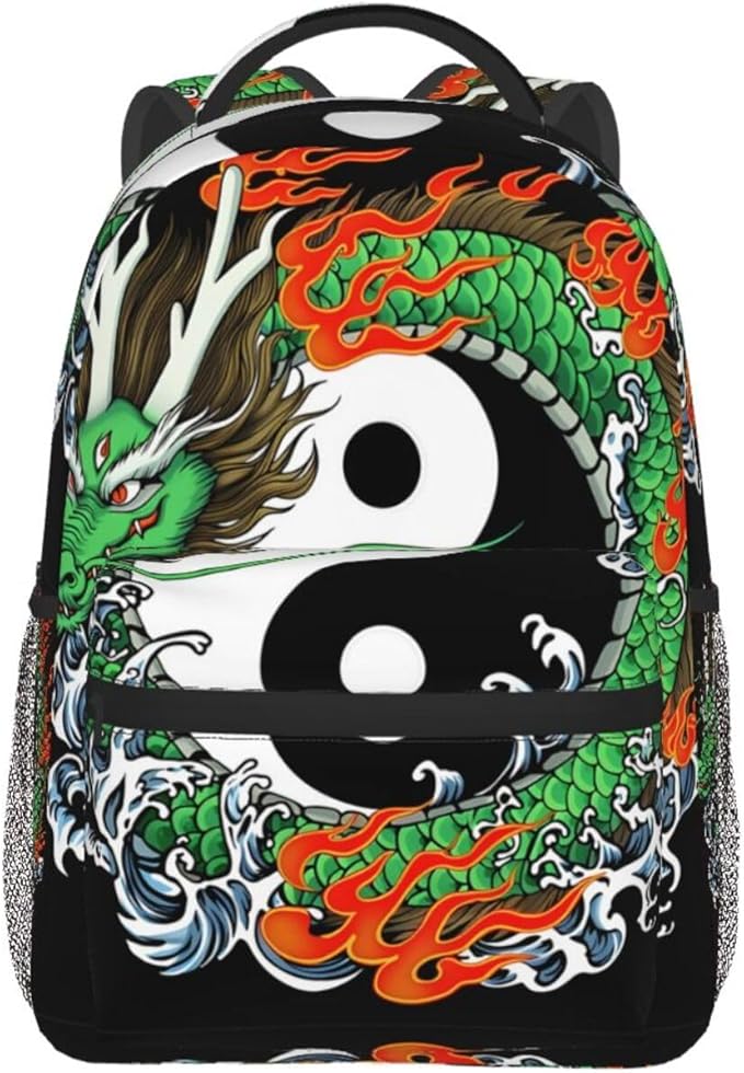Men Women Polyester Dragons Of The Orient Yin Yang Art Daypack Big Capacity Shoulder Bag With Smooth Zippers for Hiking Work Walking Cycling